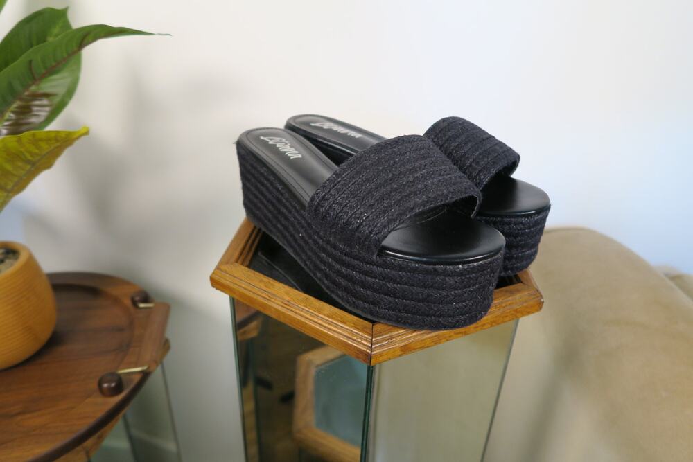 Liliana Black Braided Raffia-Look Platform Slides